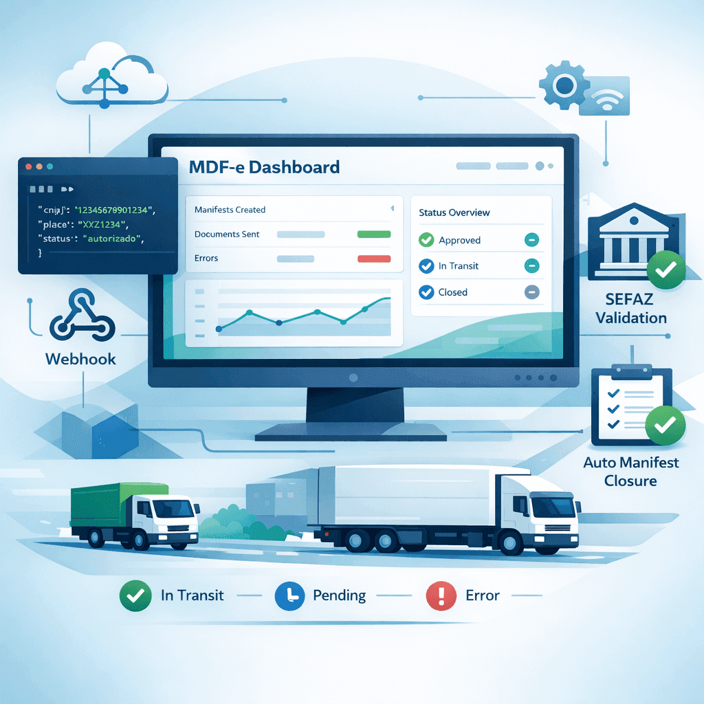 Dashboard de API MDF-e com caminhões, código e status em tempo real