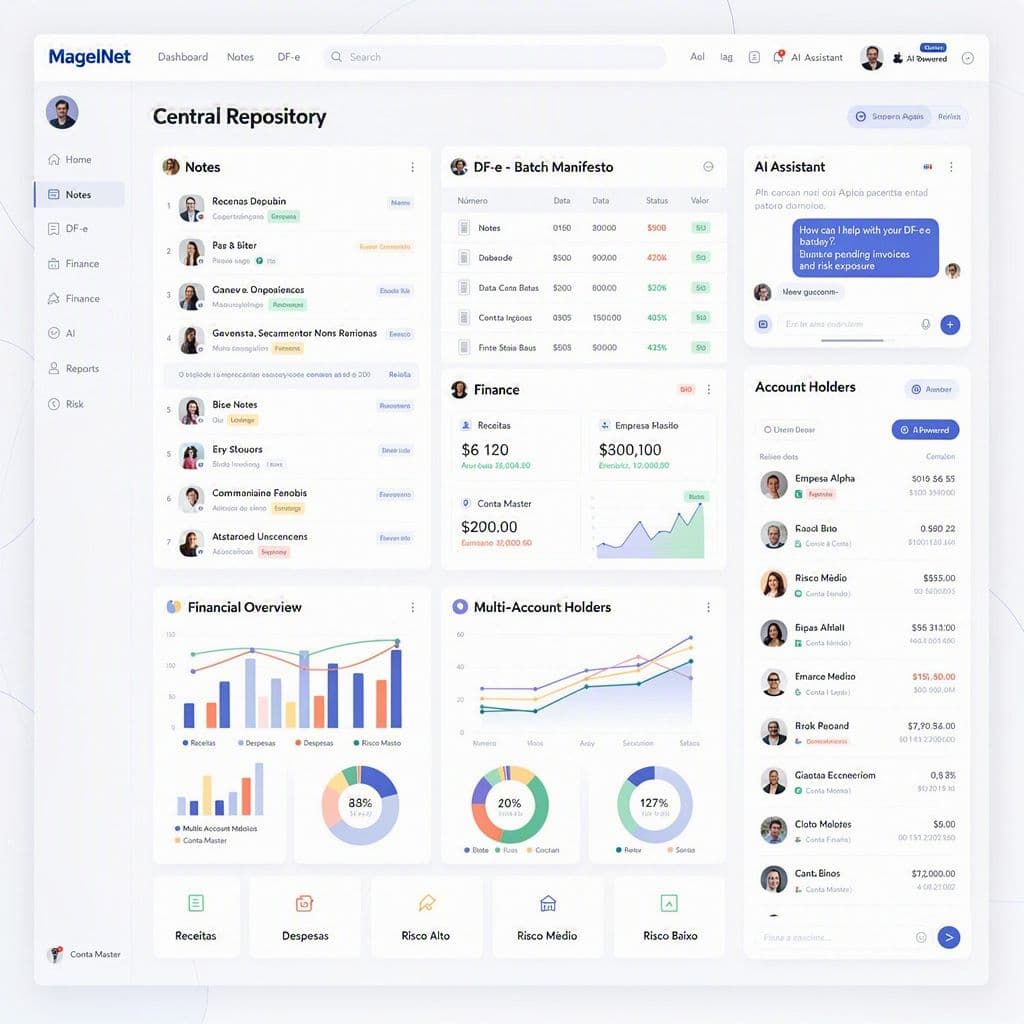 Tela da MagelNet com repositório central, DF-e e financeiro multi-titular