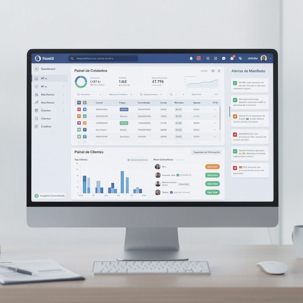 Tela de plataforma com repositório de NF-e, alertas e indicadores de desempenho por cliente