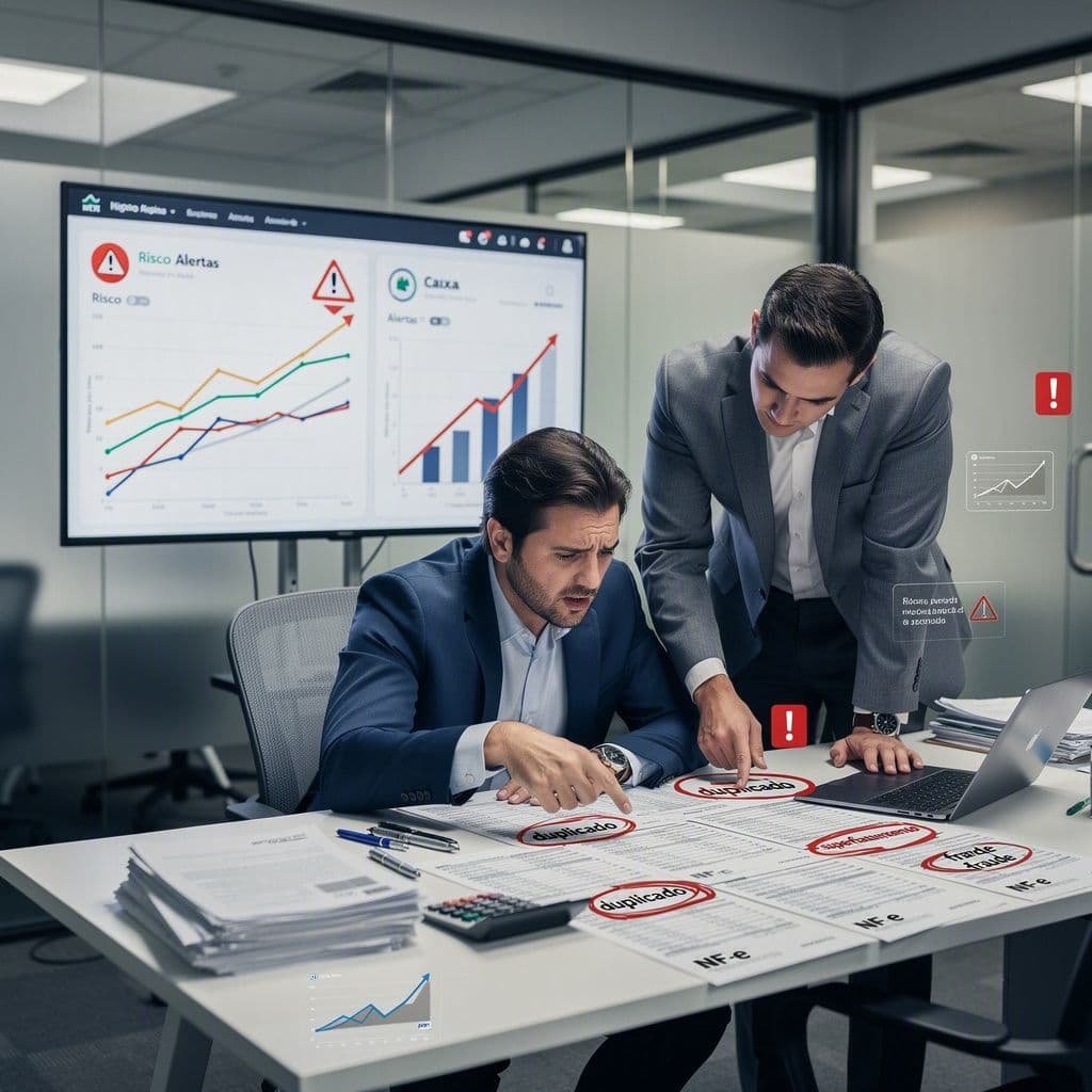 Gestor e contador analisando notas fiscais com alertas de fraude e impacto no caixa da empresa