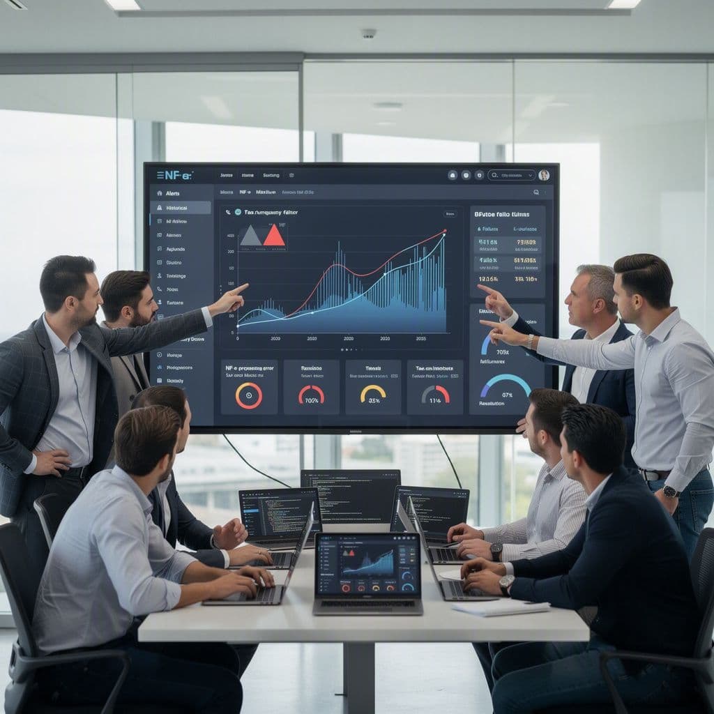 Equipe técnica analisando falha em consulta fiscal histórica em um painel SaaS