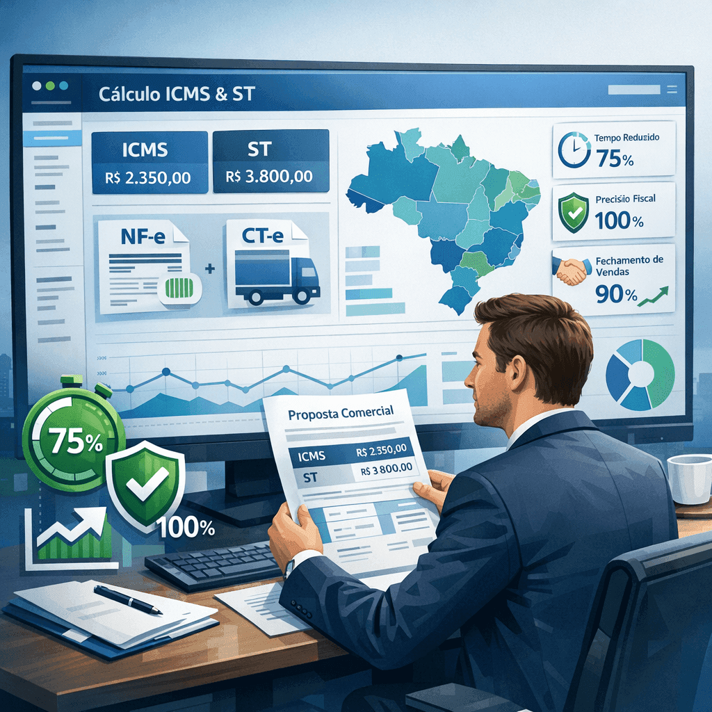 Gestor financeiro usando sistema para calcular ICMS e ST rapidamente em propostas comerciais
