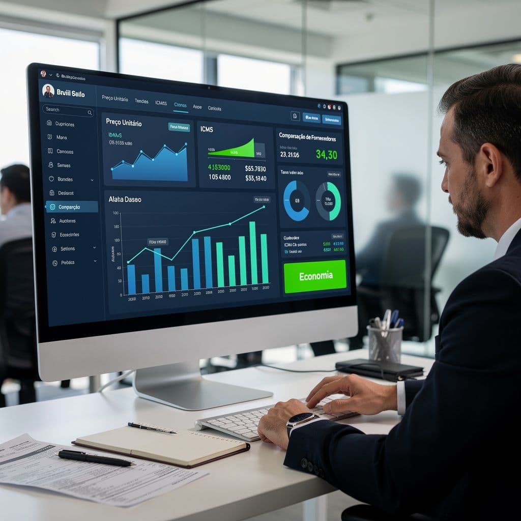Gestor analisando NF-e e dashboard fiscal para negociar com fornecedores