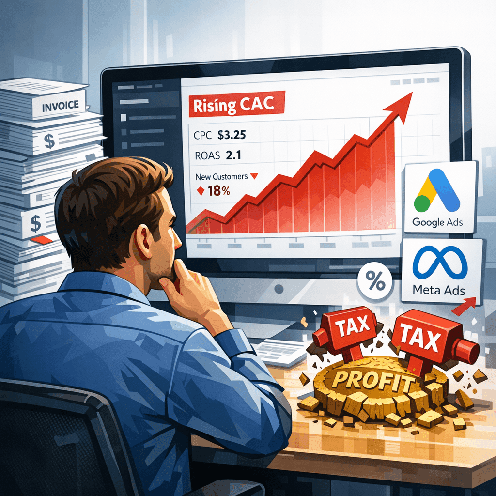 Gestor analisando CAC real de campanhas pagas com notas fiscais e impostos em dashboard