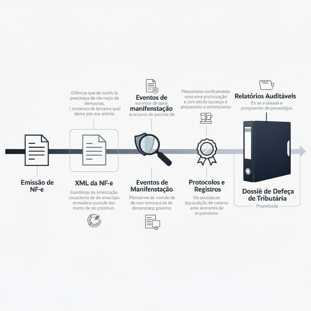 Linha do tempo de documentos fiscais eletrônicos sendo usada como evidência judicial.
