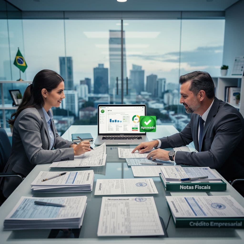 Gestor financeiro apresentando relatórios de NF-e ao banco para análise de crédito empresarial