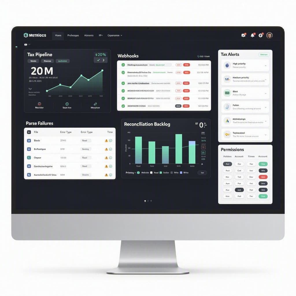 Dashboard técnico com métricas de ingestão, alertas e permissões por múltiplos titulares