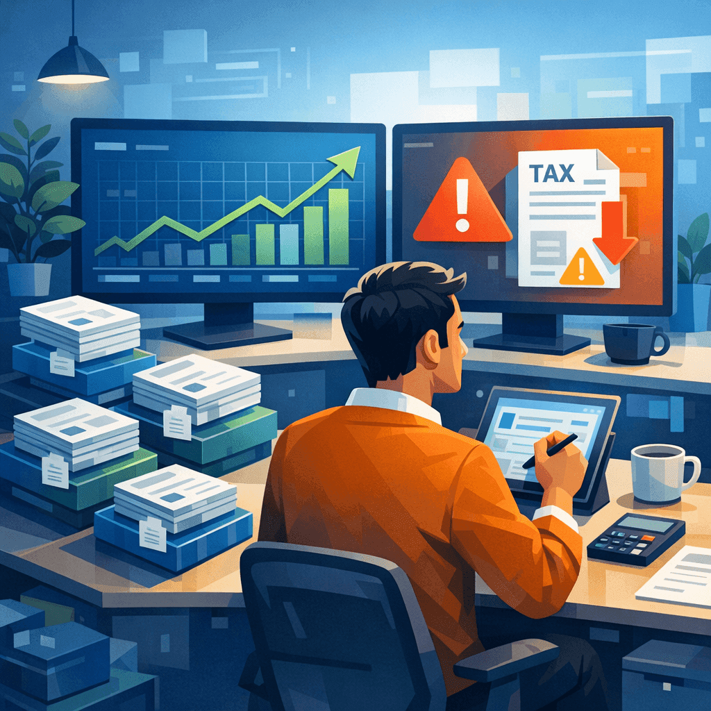 Empreendedor analisando crescimento do faturamento e impacto tributário com histórico de notas fiscais digitais.