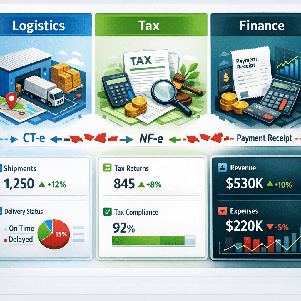 Fluxo fragmentado entre logística, fiscal e financeiro causando perda de controle sobre CT-e e pagamentos.