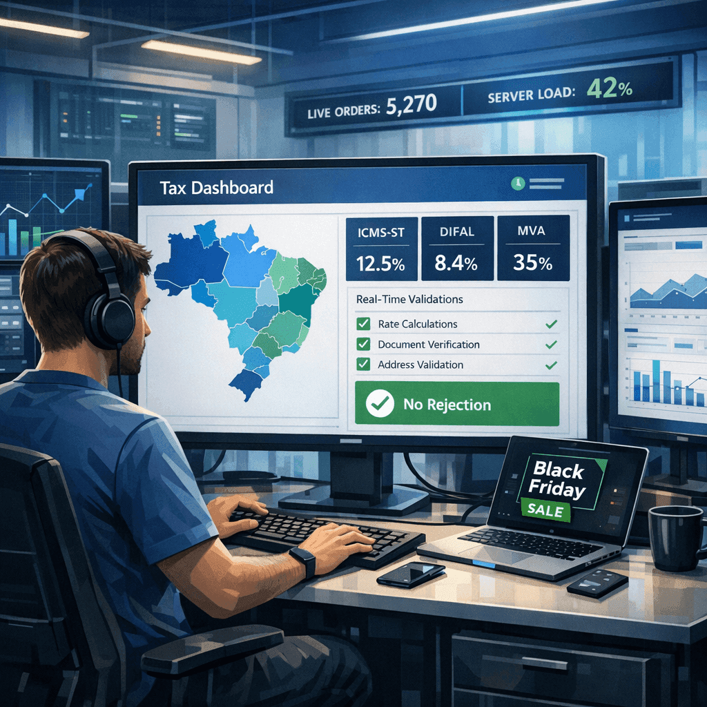 Desenvolvedor de e-commerce analisando cálculo de ICMS-ST e DIFAL por UF em dashboard fiscal
