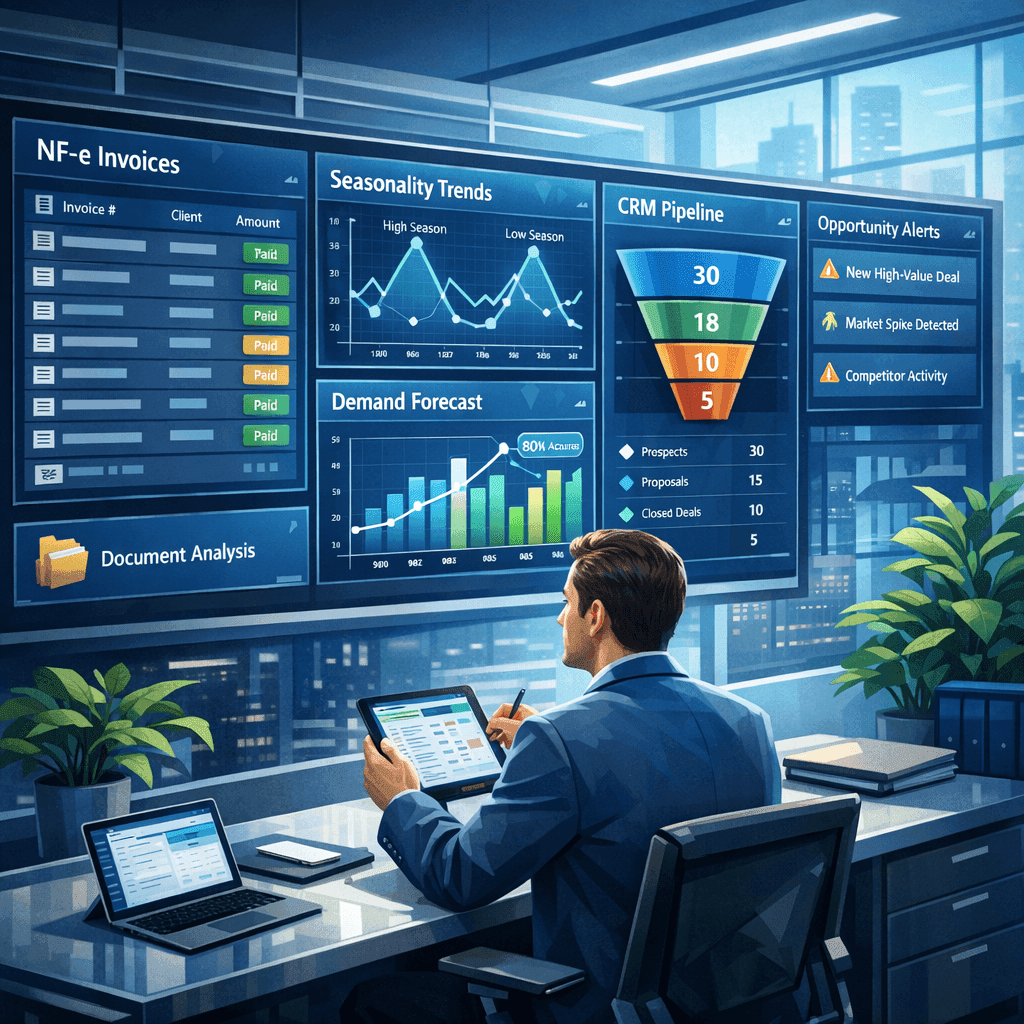 Gerente comercial analisando padrões de compra em NF-e de clientes em um painel preditivo.
