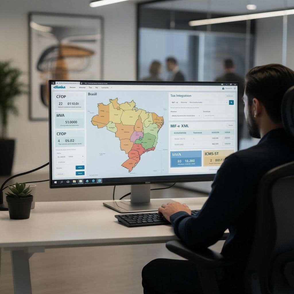 Desenvolvedor analisando regras fiscais em monitor com mapa do Brasil e XML de NF-e