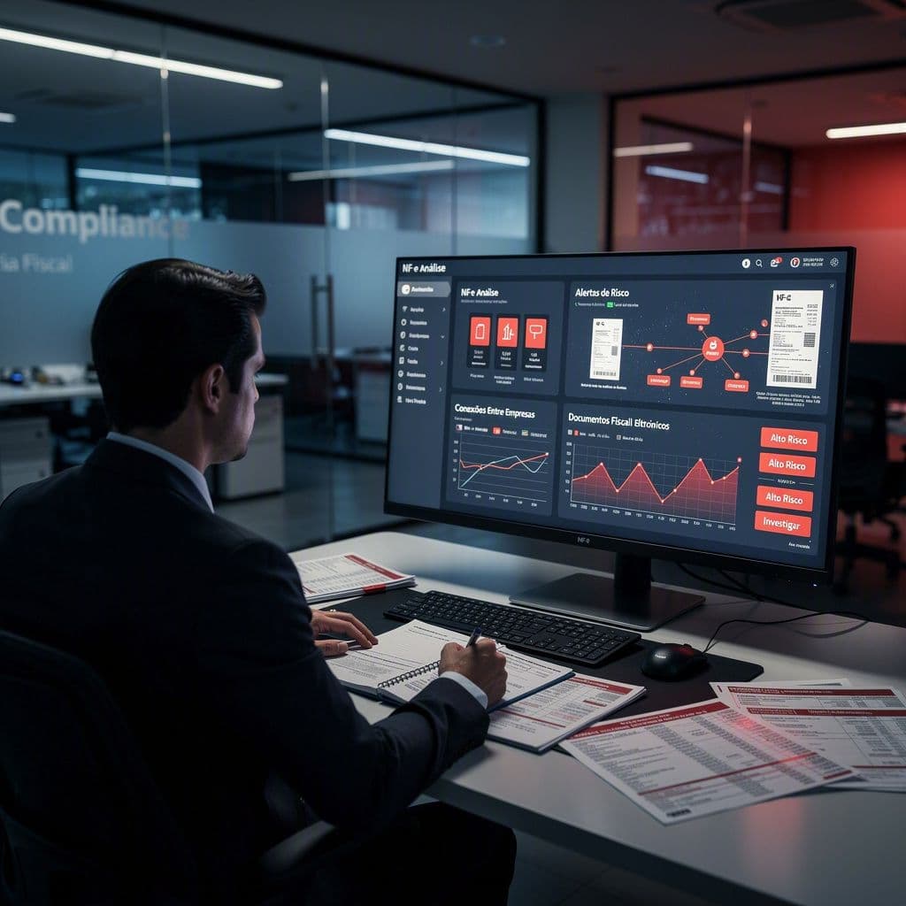 Painel de compliance analisando NF-e com alertas de risco de lavagem de dinheiro