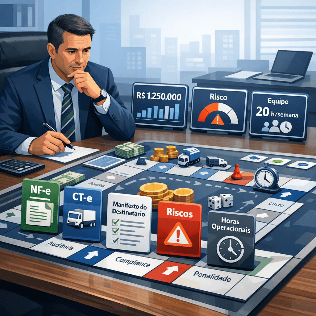 CFO analisando decisões fiscais como um jogo com impacto em caixa, risco e horas operacionais