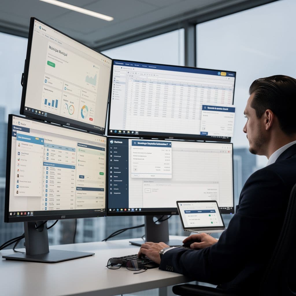 Gestor financeiro analisando notas fiscais de serviços de diferentes cidades em sistemas separados