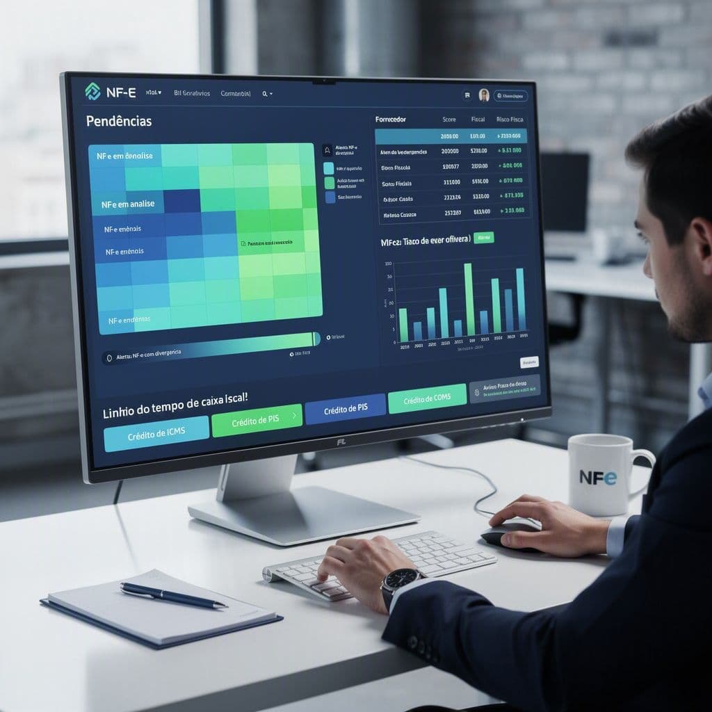 Dashboard de NF-e no estilo Power BI com alertas fiscais, mapa de calor, ranking de fornecedores e projeção de caixa.