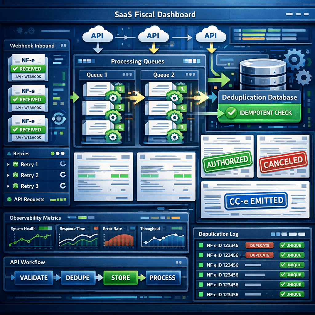 Dashboard fiscal com webhooks duplicados de NF-e e mecanismo de deduplicação idempotente