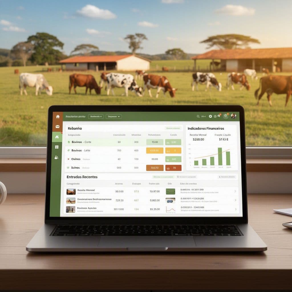 Dashboard pecuário mostrando animais por espécie e categoria