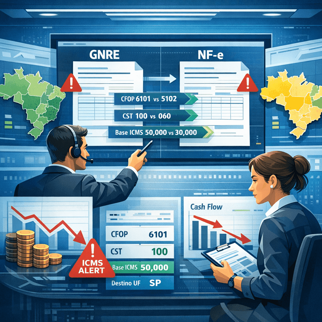 Dashboard fiscal mostrando divergências entre GNRE digital e NF-e interestadual com alerta de vazamento de ICMS