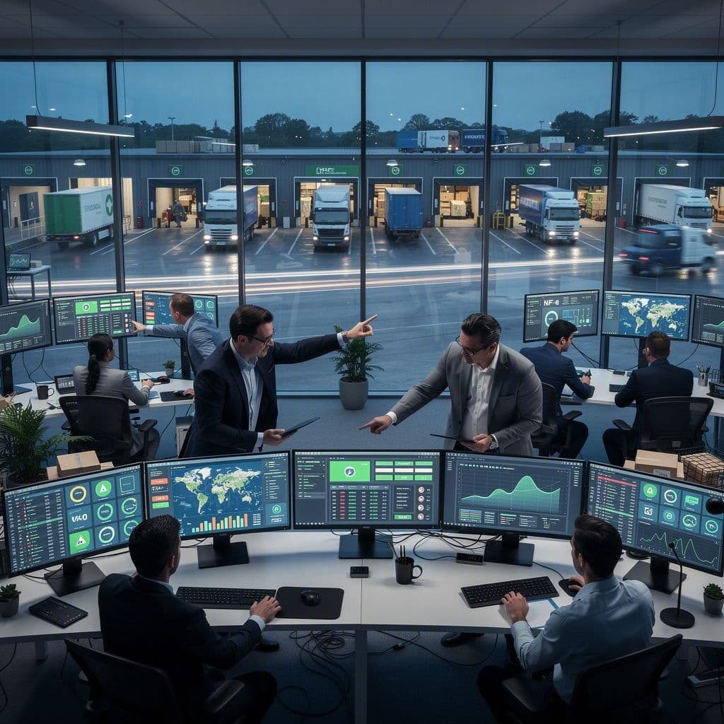 Centro de controle logístico e fiscal com dashboards de NF-e e frota em tempo real