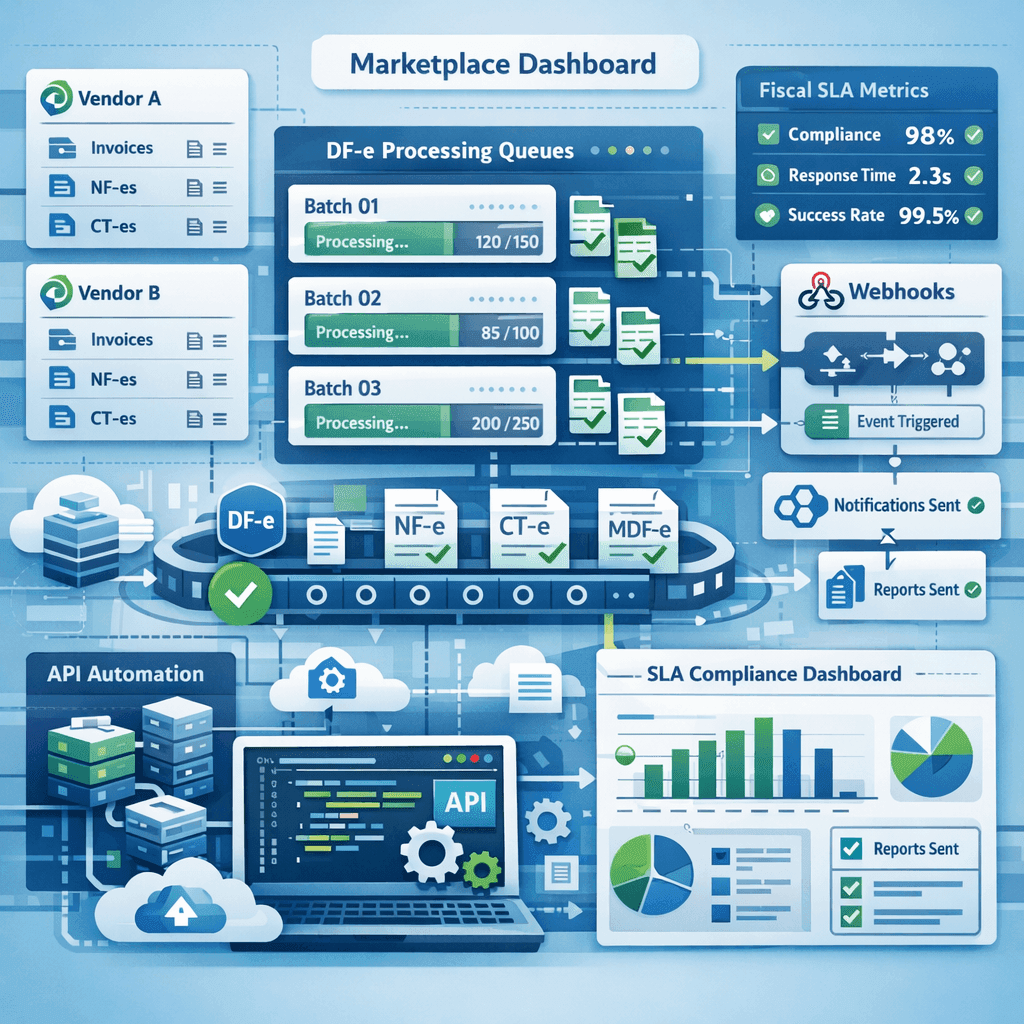 Dashboard de marketplace B2B automatizando manifestação de DF-e em escala