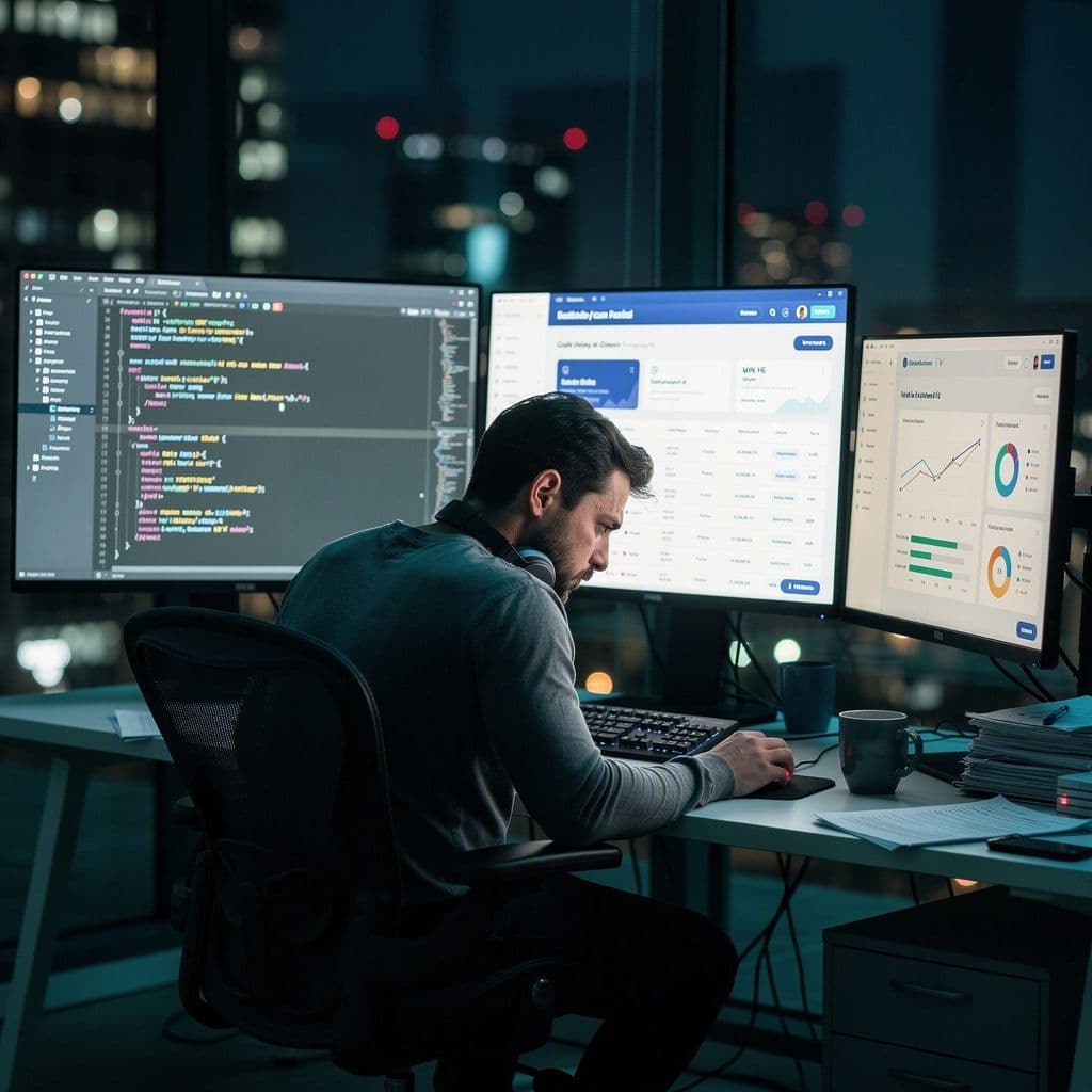 Desenvolvedor analisando XMLs de notas fiscais ao lado de dashboard financeiro inconsistente