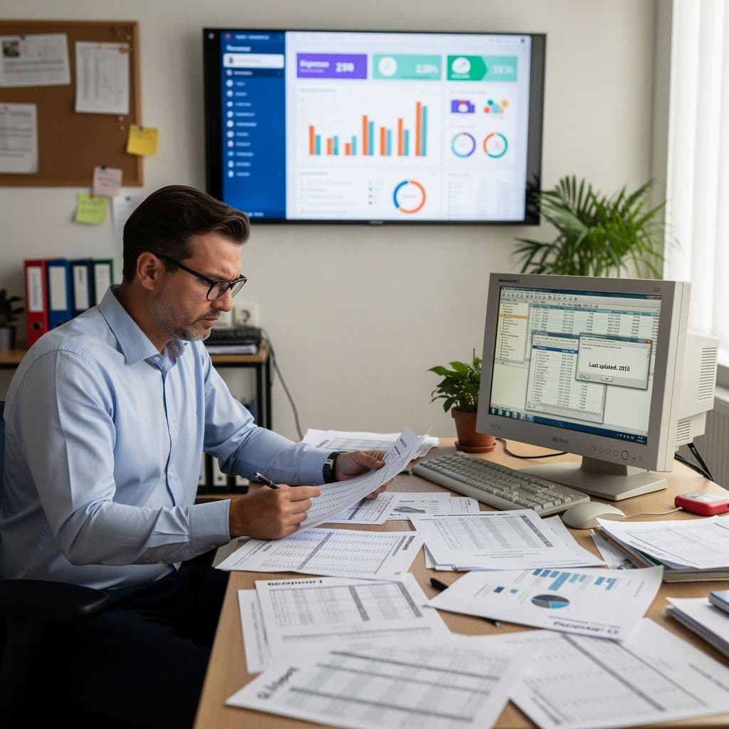 Controller analisando planilhas e um painel atrasado de resultados financeiros