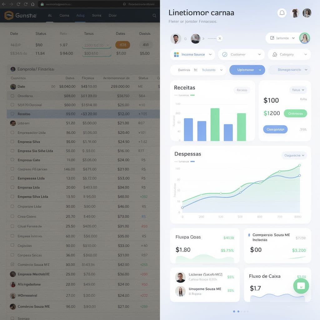 Comparação entre sistema financeiro engessado e dashboard personalizado por fonte de renda