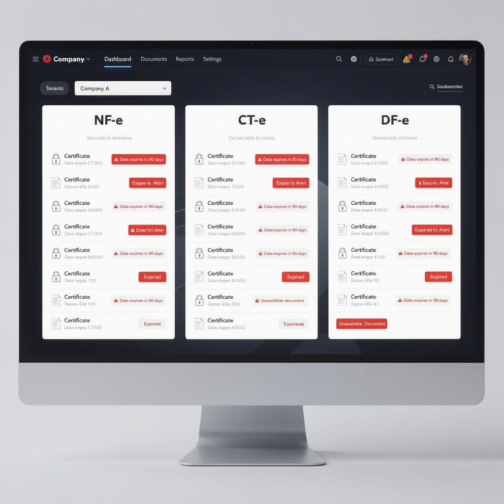 Tela de sistema ERP multi-tenant exibindo alertas de consulta expirada, bloqueio por certificado e notas não encontradas.