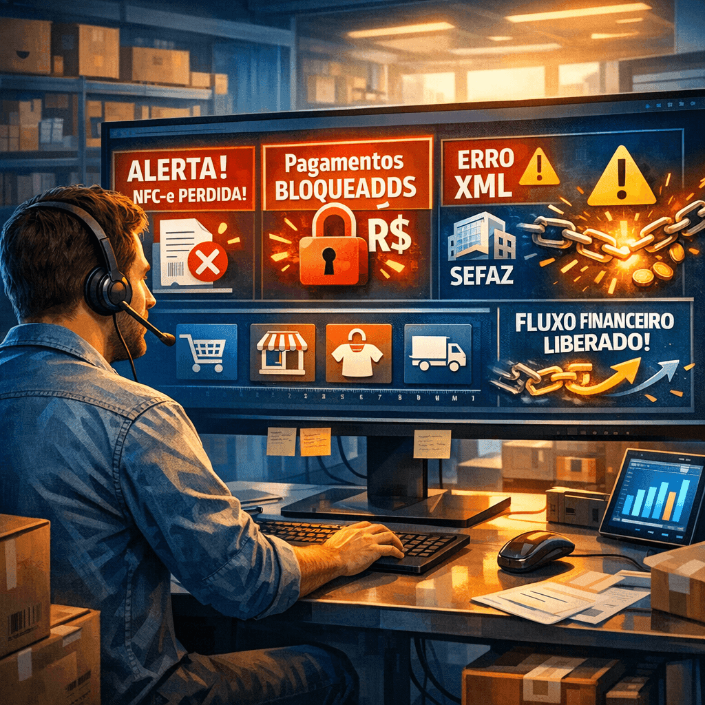 Gestor de e-commerce analisando painel com NFC-e perdidas e repasses travados no marketplace
