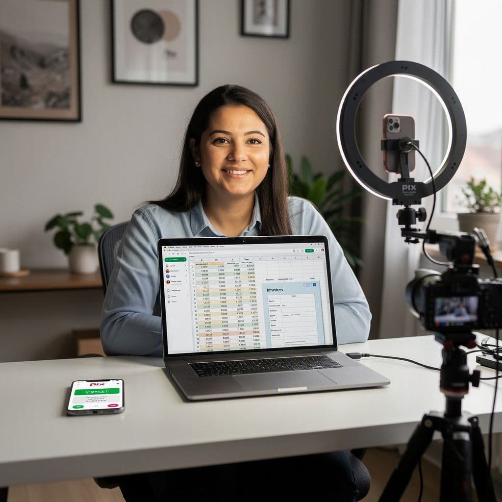 Influencer analisando entradas de Pix e notas fiscais no notebook e no celular