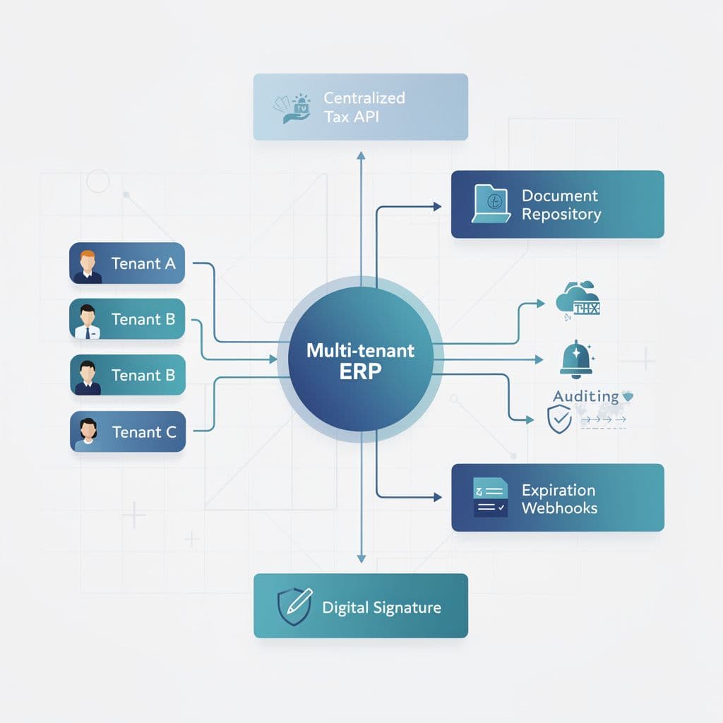 Fluxo entre ERP multi-tenant, API fiscal centralizada, repositório de documentos e webhooks de expiração