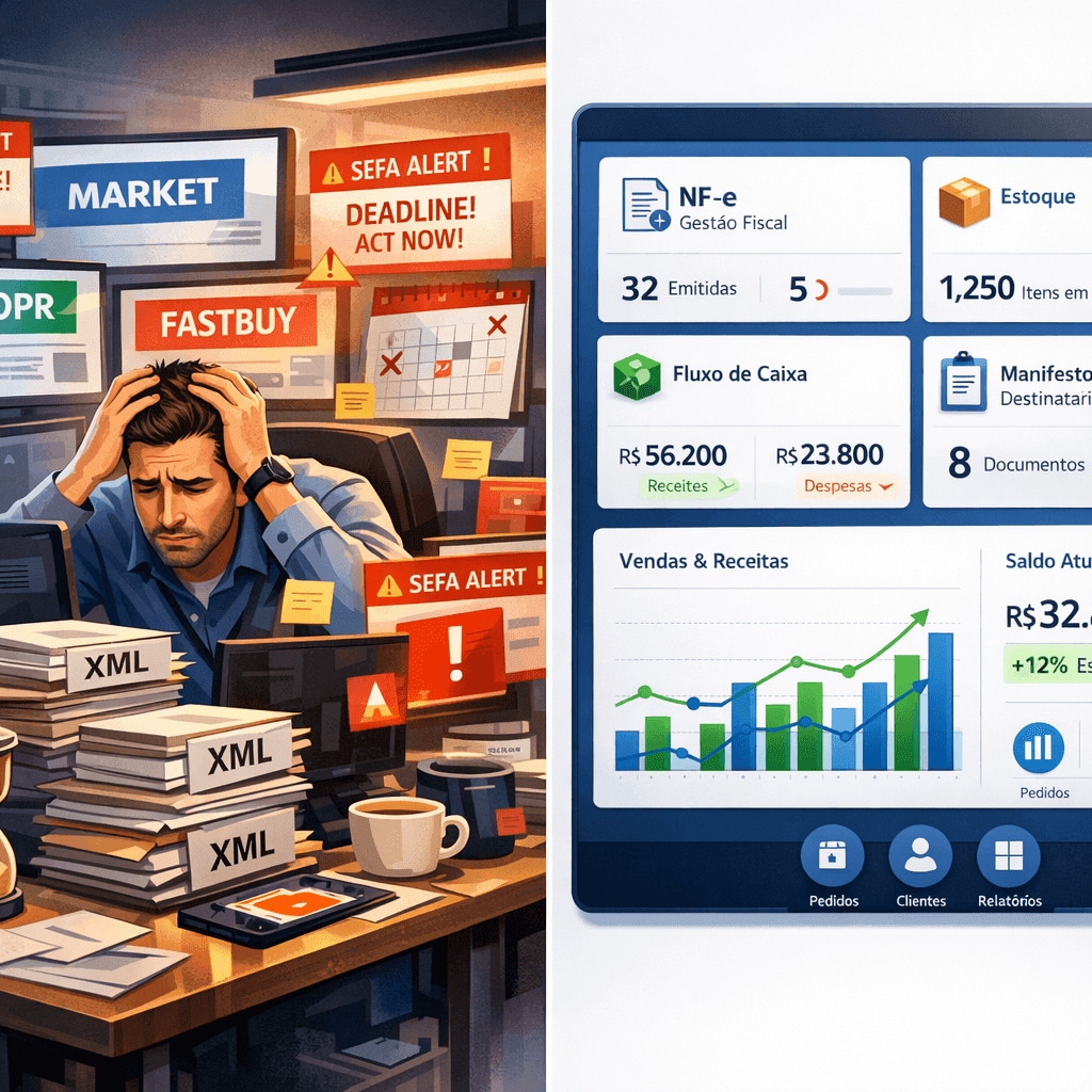 Gestor de e-commerce centralizando NF-e de vários marketplaces em um dashboard unificado