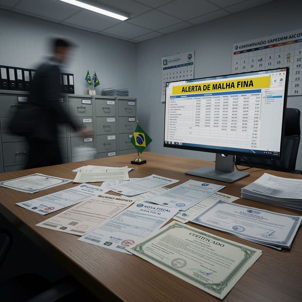Mesa com recibos, notas fiscais e tela com alerta de malha fina