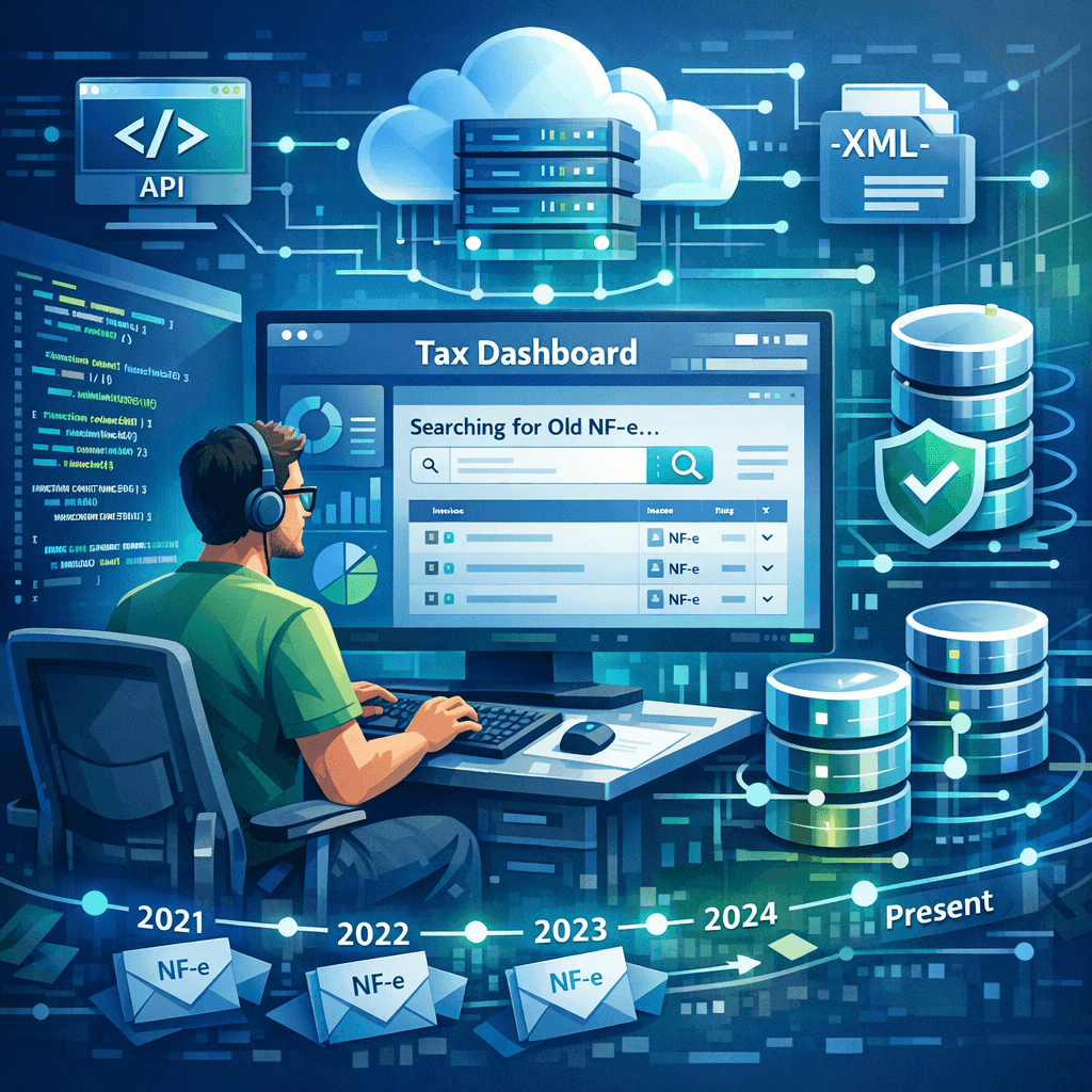 Desenvolvedor consultando histórico completo de NF-e por API em um dashboard fiscal escalável