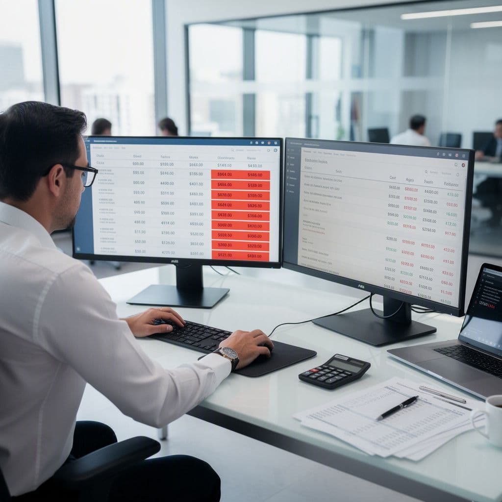 Analista financeiro comparando NF-e e extrato bancário com alertas de divergência.