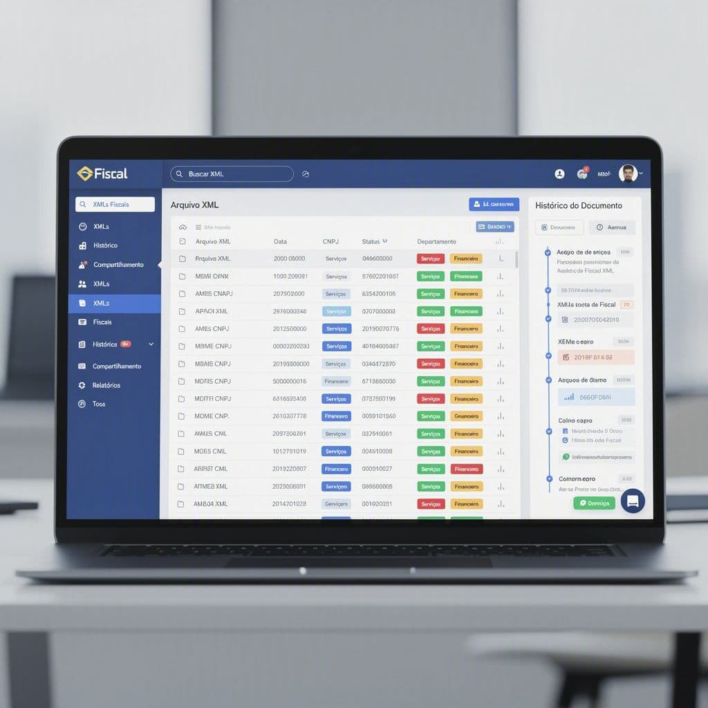 Painel de software centralizando XMLs fiscais com acesso compartilhado entre áreas