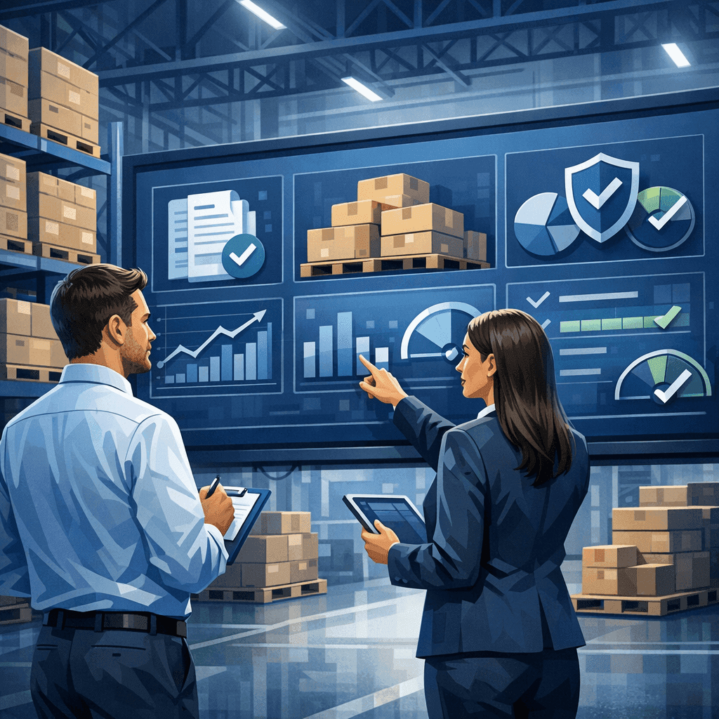 Profissionais analisando NF-e recebidas e controle de estoque industrial