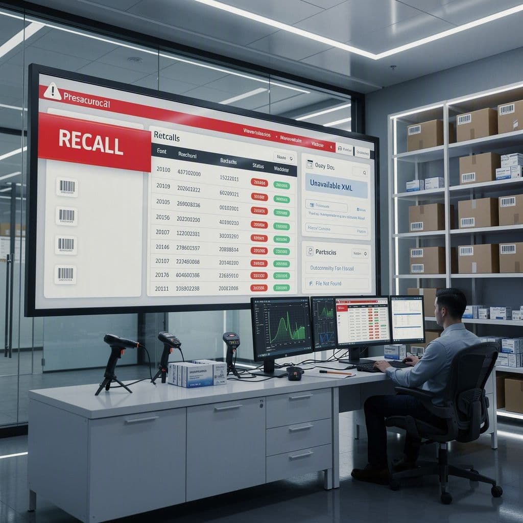 Tela com alerta de recall, lotes farmacêuticos e XMLs fiscais indisponíveis