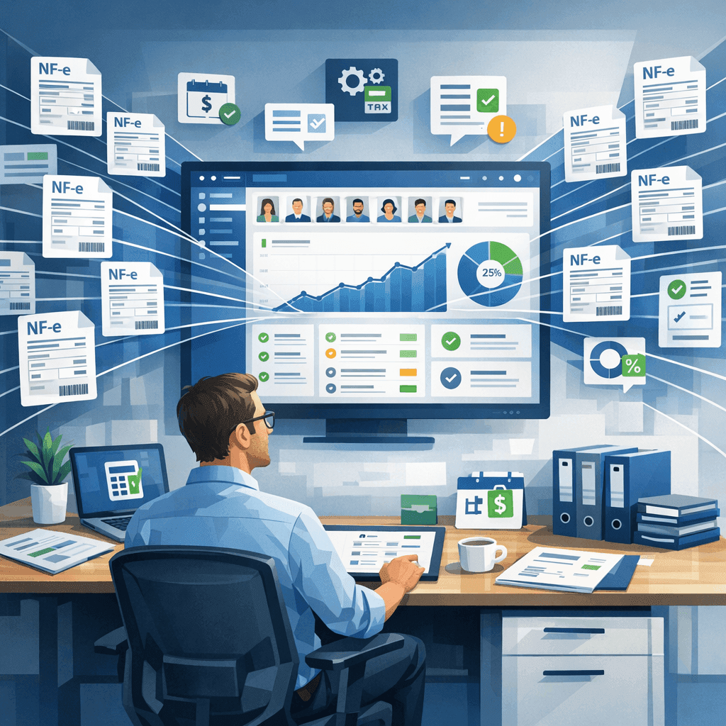 Contador visualizando um dashboard mestre com NF-e de vários clientes centralizadas em uma única tela