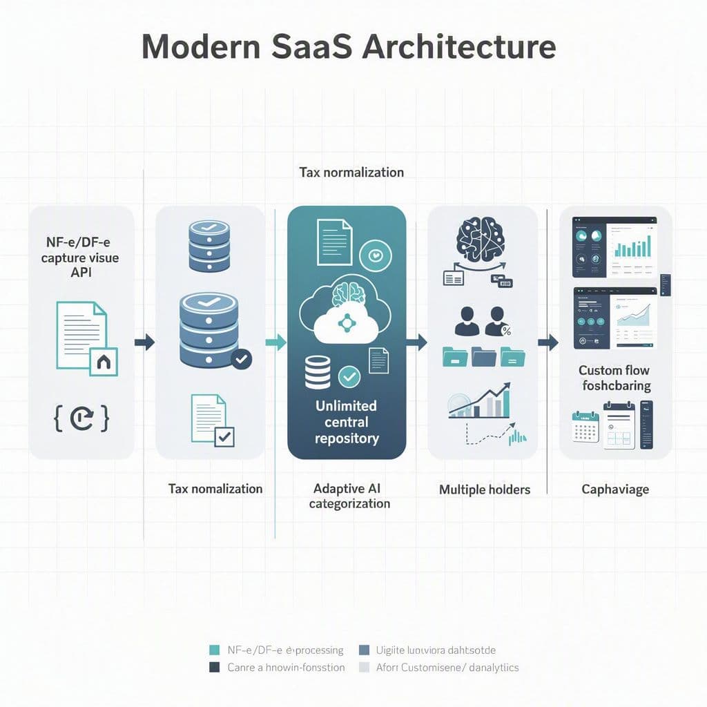 Diagrama de arquitetura de API fiscal conectando captura NF-e, repositório central, categorização e dashboard financeiro