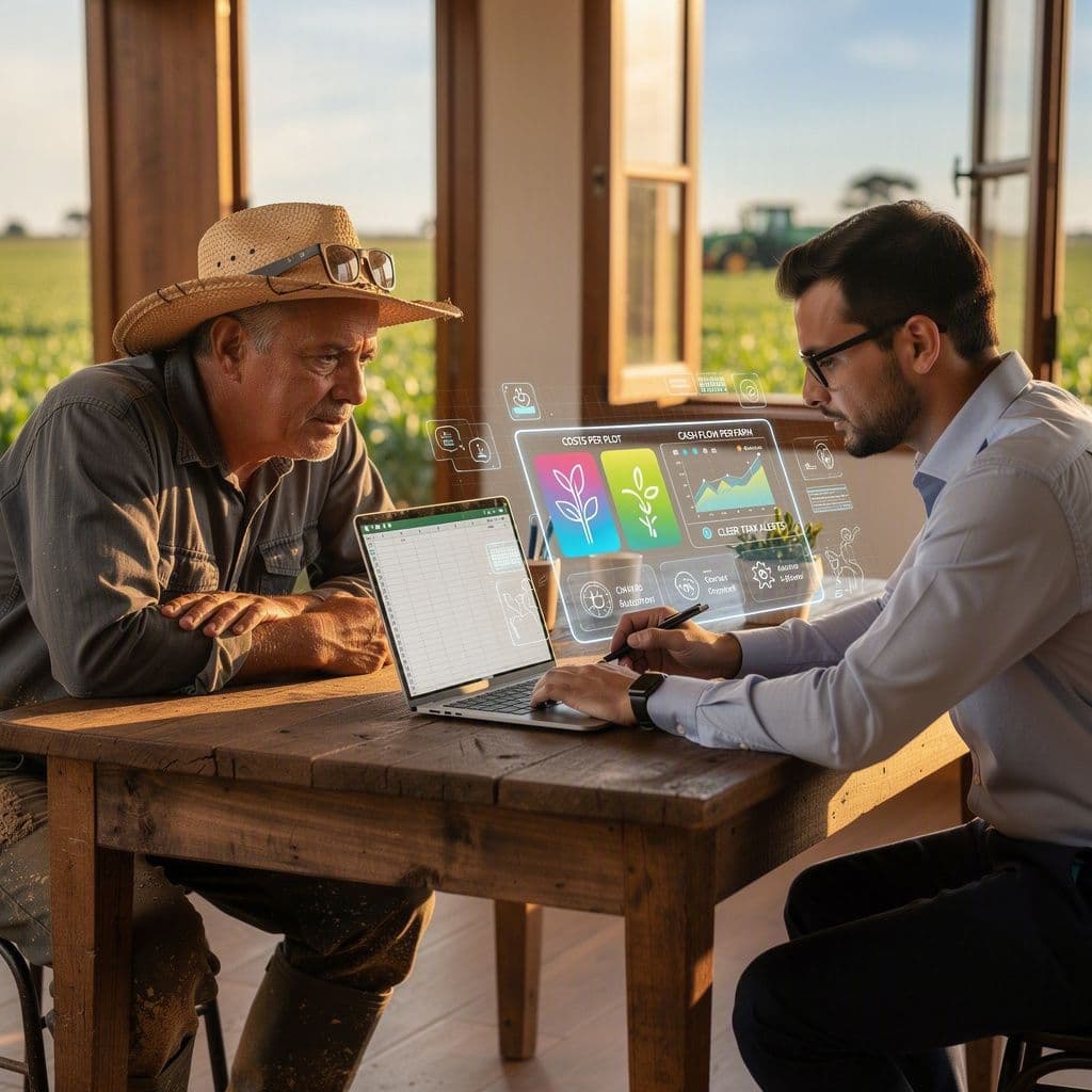 Produtor rural vendo planilhas antigas serem convertidas em dashboard financeiro personalizado com IA