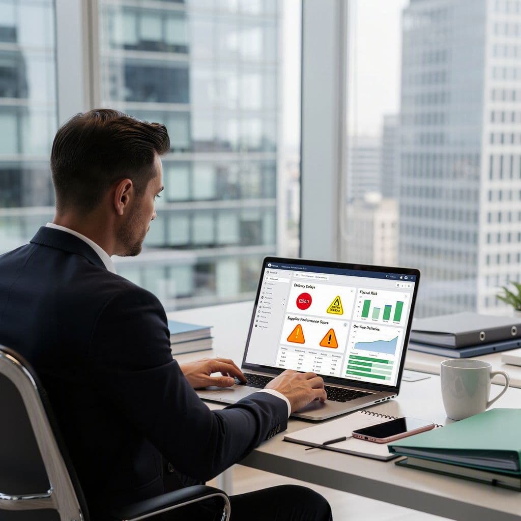 Gestor analisando painel com indicadores de fornecedores e documentos fiscais