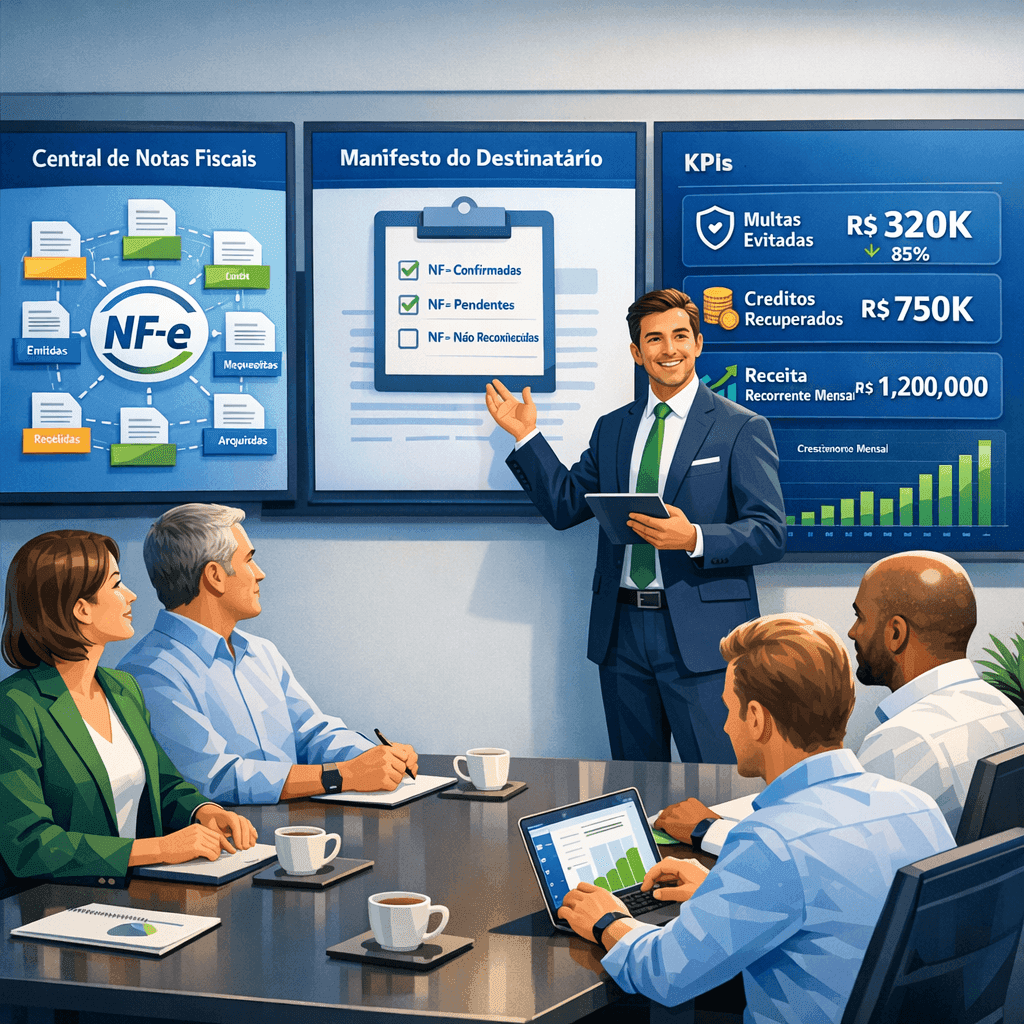 Contador apresentando dashboard de NF-e e receita recorrente para clientes