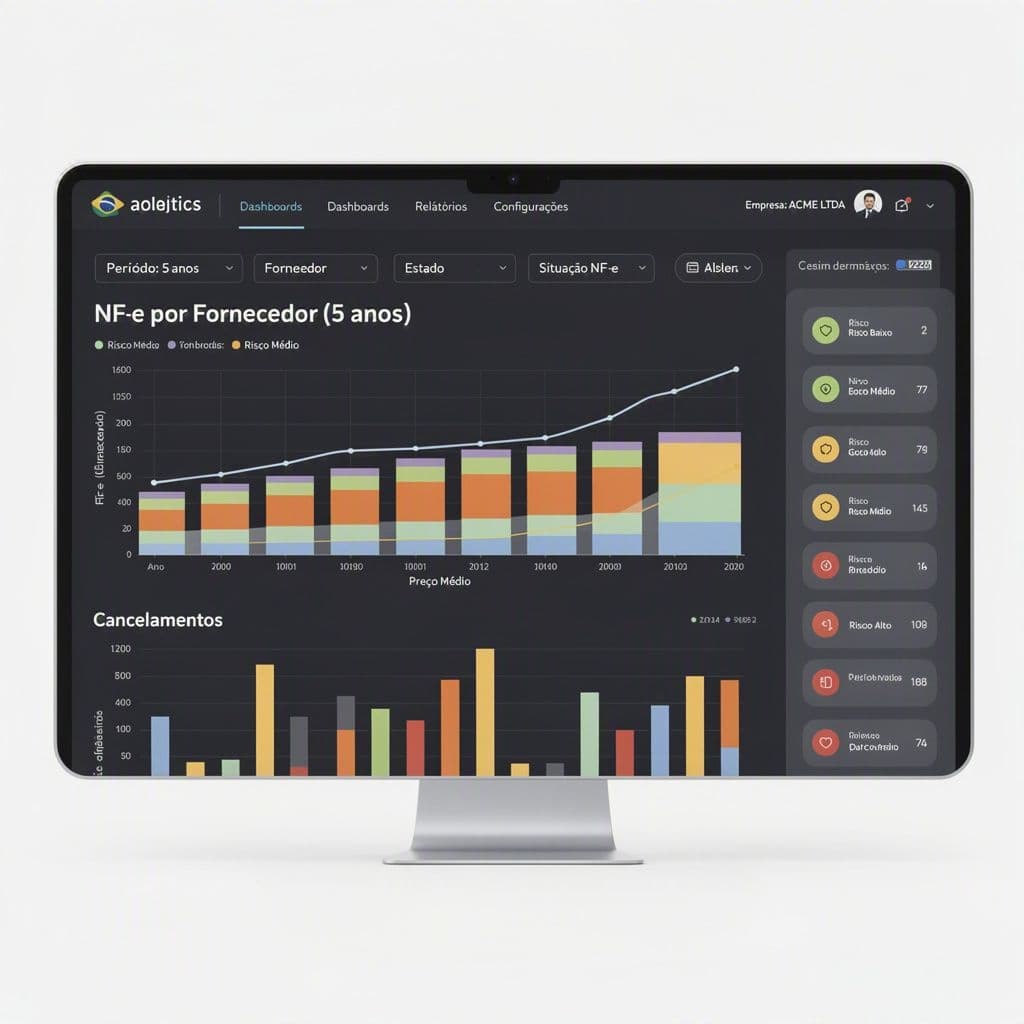 Dashboard histórico com evolução de preços e ocorrências fiscais por fornecedor