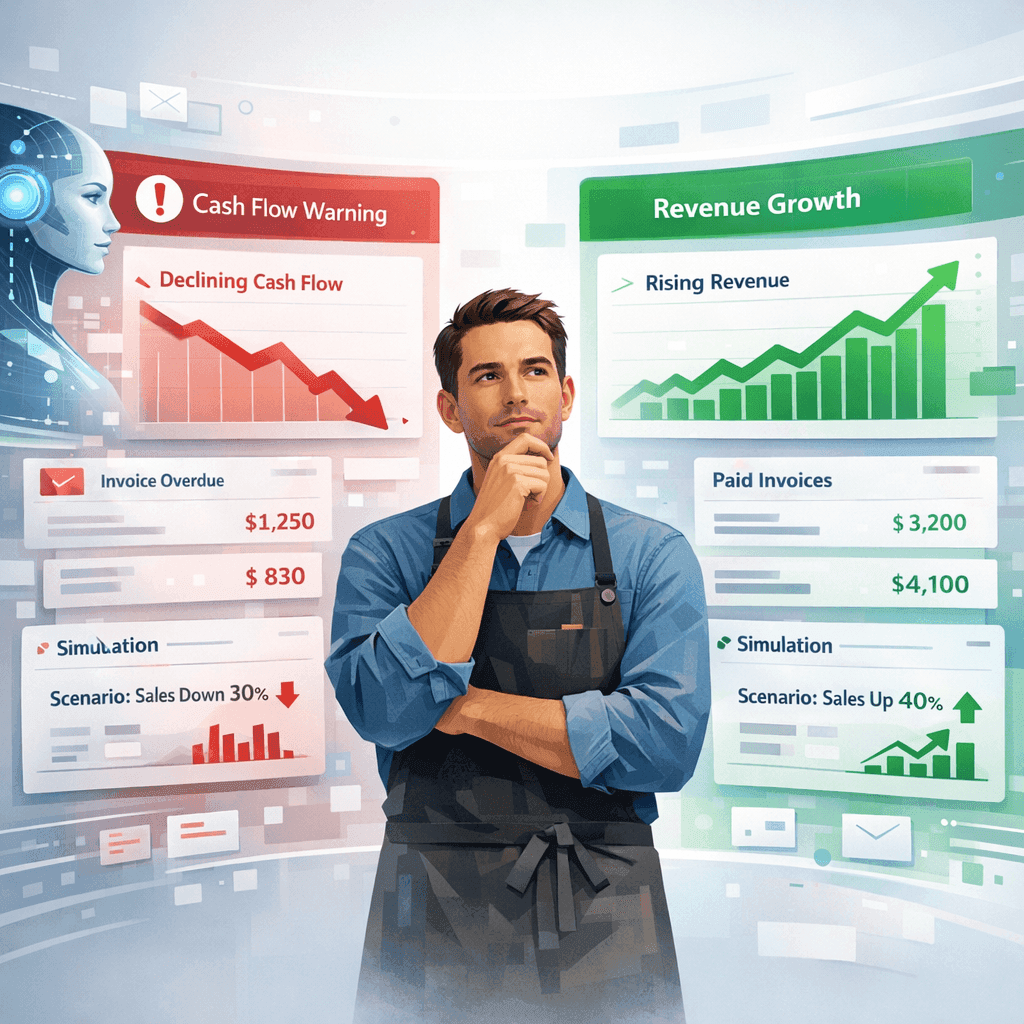 Empreendedor analisando simulações financeiras com IA em um dashboard com cenários de desastre e crescimento