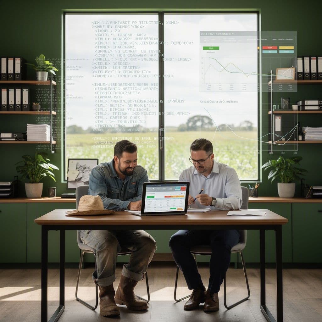 Produtor rural e contador consultando histórico ilimitado de notas fiscais em sistema digital na fazenda