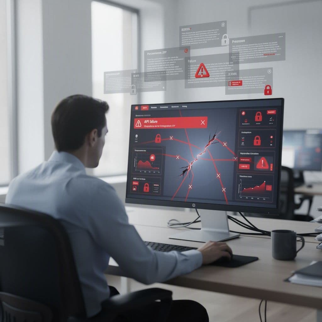 Tela dividida entre dashboard de ERP com erro e fluxo de integração fiscal travado