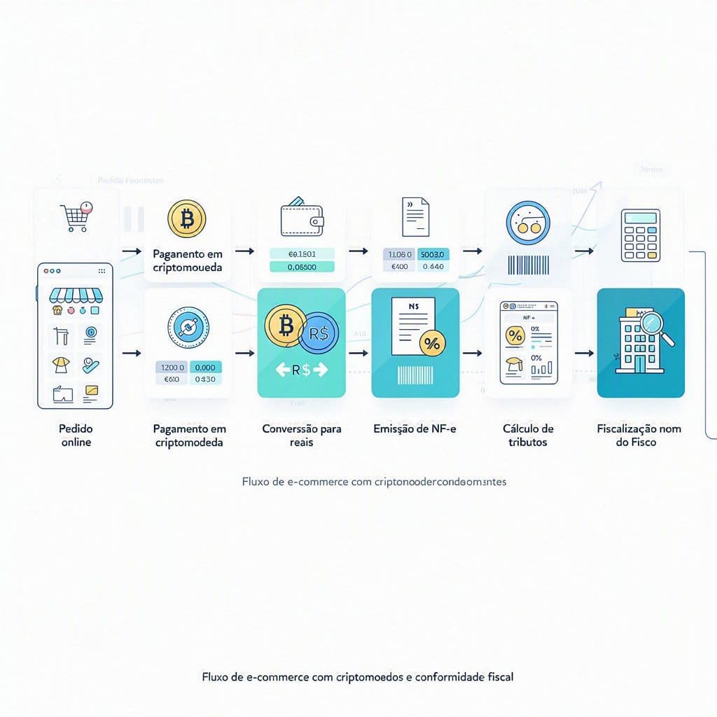 Fluxo de venda em e-commerce com pagamento em cripto, conversão cambial, emissão de NF-e e auditoria fiscal