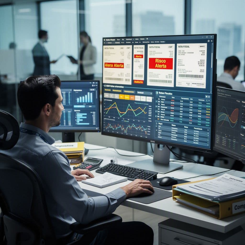 Analista fiscal observando múltiplas notas fiscais com alertas de risco em monitor